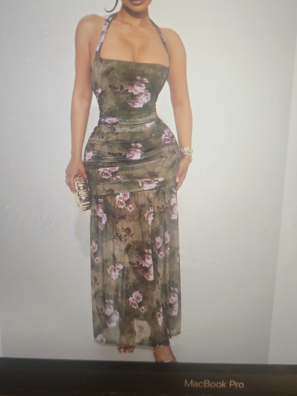 Floral Halter Maxi Dress in Olive Green